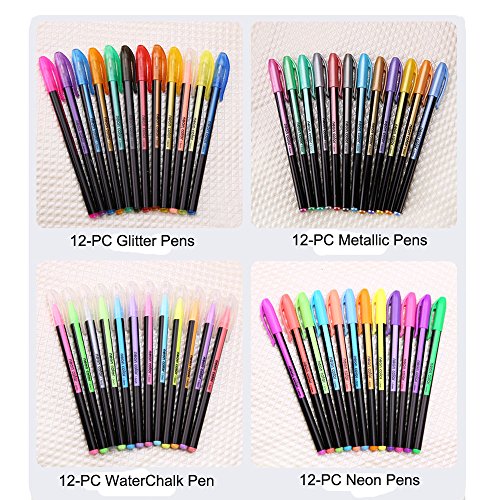 Gelstifte Glitzer Metallic / 48er-Pack farbige Gel-Stifte / 12 Metallic Stifte,12 Glitzerstifte, 12 Neon Stifte, 12 waterchalk / zum Zeichnen und Schreiben Kartenherstellung DIY - 2