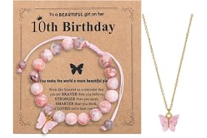 BKEPDY Rosa Smyckeset För Flickor 7-10 År Justerbart Rosa Zebra Jaspis Sten Armband och Fjäril Halsband Födelsedagspresent
