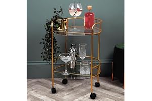 fiz Gold Effect Frame 2 Tier Round Drinks Trolley Clear Glass Shelves Base with Wheels W40 x D39 x H60cm (Approx.), Gold, black