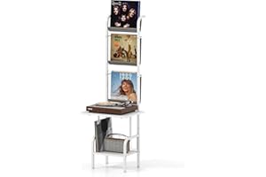 GIANTEX Soporte para Tocadiscos con 2 Estantes Abiertos y 3 Bolsas para Discos, 50 x 51 x 145 cm, con Kit Antivuelco, Estantería para Vinilos para Salón, Dormitorio, Estudio (Blanco)