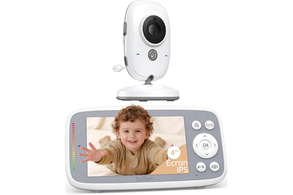 Boifun Babyphone Camera Bebe Surveillance sans WiFi, Vision Nocturne Infrarouge Invisible,4 Pouces, HD 720P, Interphone Bidirectionnel, Berceuses, Détecteur Température/Son, Zoom 3x, Rappel de Biberon