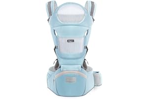SONARIN Marsupio Ergonomico con Sedile Anca/Puro Cotone, Poggiatesta, Multiposizione: Dorsale, Ventrale, Regolabile per Neonato e Bambino da 0 a 36 mesi (fino a 30 kg) Azzurro