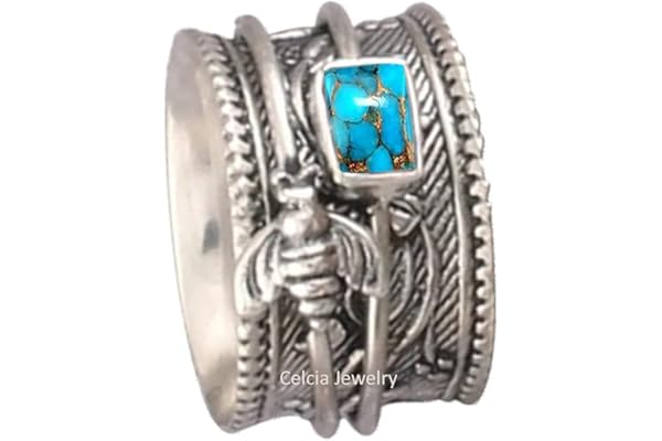 Anillo de meditación Spinner de abeja de miel de plata de ley 925 maciza, anillo de piedras preciosas de turquesa de cobre azul natural, anillo único hecho a mano para mujeres/hombres