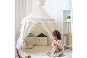 Play Tent for Children, Kids Play Tent, Breathable Cotton and Hemp Princess Castle Tent with Fibreglass Poles, Storage Bag, Sturdy Indoor Outdoor Playhouse, Teepee Girl,White(130 * 110 * 110cm)