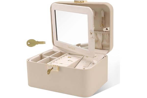 Boîte à bijoux améliorée, 2 couches en cuir PU pour femmes avec serrure et miroir, crochet à collier caché et séparateur amovible - Boîte à bijoux de voyage grande capacité idéale pour les cadeaux