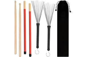 SINBLUE Drum Sticks Brush Set 5A Maple Wood Drum Sticks 1 Pair, Retractable Drum Wire Brushes 1 Pair, Rods Drum Brushes 1 Pair for Kids, Adults, Rock Band, Jazz Folk Students with Portable Storage Bag