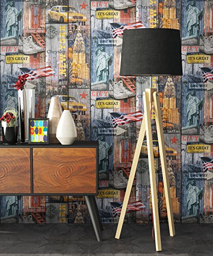NEWROOM Tapete Bunt Papiertapete Natur Holz,Schrift,Städte,Städtenamen schöne moderne und edle Design Optik , inklusive Tapezier Ratgeber - 2