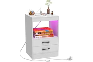 ‎PIPIPOXER PIPIPOXER Nachttisch mit Steckdose & USB, Nachttisch Weiß Nachtschrank Hochglanz Nachtkommode 2 Schubladen mit Led 16 Farben Beleuchtung Beistelltisch für Schlafzimmer, Wohnzimmer, 40x60x35cm