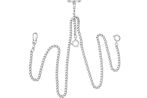 SIBOSUN Pocket Watch Double Albert Vest Chain with T-Bar & Lobster Clasps Plated Single Link Vest Belt Black
