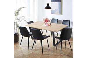 Hallowood Furniture Dudley Large Table and Chairs Set 6, Dinner Table (150cm) with Chunky U Shaped Metal Legs & Black Bonded Leather Chairs, Dining Table & Chair for Home & Cafe