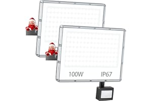 YIQIBRO 100W Foco LED con Sensor de Movimiento 2 Piezas - 10000LM Focos LED Exterior con Sensor de Movimiento IP67 Impermeable, 7000K Foco LED Exterior Sensor Movimiento para Jardin|Patio|Terraza