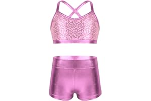 Freebily Conjunto de Deportivo Danza Hiphop para Niñas con Lentejuelas Brillante Crop Top y Leggings Cortos Maillot de Gimnasia Rítmica Ropa Baile Moderno Jazz 5-14 Años