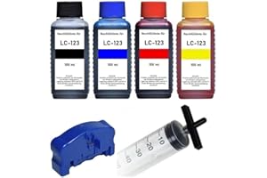 Inkpro Refill-Adapter wie Bro Luer + 60 ml Gewindespritze + 1 Chip-Resetter + 4 x 100 ml Nachfülltinten Black, Cyan, Magenta, Yellow für LC-121, LC-123, LC-125, LC-127, LC-129