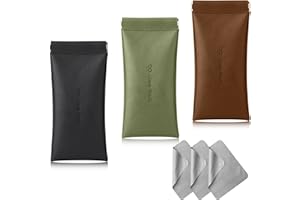 NCOALE Soft Glasses Case, 3 Pack Portable Squeeze Top Leather Glasses Case with Cleaning Cloth, Sunglasses Case Water Proof Glasses Pouch Storage Bags Suitable for Women Men (Black, Dark Green, Brown)