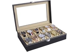 AUTOARK Leather 12 Watch Box Glass Top Watch Display Case Organizer,Balck,AWU-022