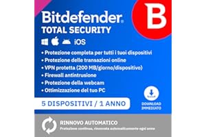 Bitdefender Total Security 2026| 5 Dispositivi | 1 Anno | PC/Mac/iOS/Android | Codice di attivazione via email | Rinnovo automatico
