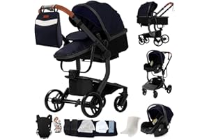 DZIRANAM Passeggino,Passeggino 3 in 1,Regolabile in altezza con vista panoramica, pieghevole, include borsa mamma e marsupio (HG-blu)