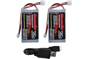RoaringTop Batterie Lipo 2S 1050mAh 7.4V 35C Lipo Batterie avec PH 2.0 Plug pour Série de Voiture de Télécommande SCX24 et Voiture de Télécommande à l'échelle 1/18, 1/24 avec 1 Chargeur USB