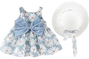 Wifgmjy Summer Dress Toddler Baby Girl Sundress with Sun Hat Cotton Princess Dress Sleeveless Sweet Floral Beach Sun Straw Hat Vacation A-Line Photography Baby Sundress