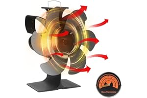 NAVESO Stove Fan and Thermometer, 6 Blade Wood Stove Fan Heat Powered, Small Fireplace Fan for Wood Burner Log Burner Fireplace Heat Circulation Environmentally Friendly Efficient Heat Distribution