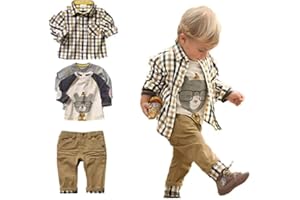 MERCIYD Kleinkind Jungen Casual 3-teiliges Bekleidungsset T-Shirt + kariertes Hemd + Khaki Hose