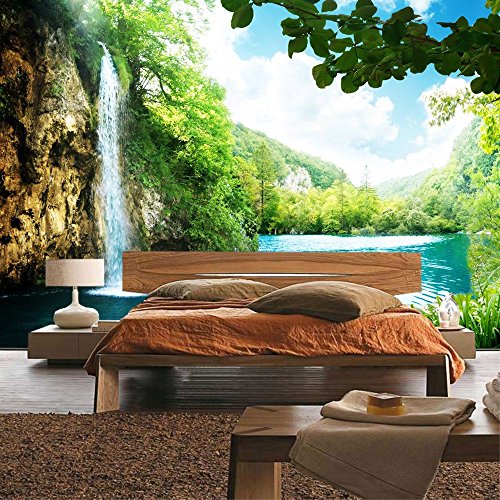 Vlies Fototapete PREMIUM PLUS Wand Foto Tapete Wand Bild Vliestapete – WATERFALL IN PARADISE – Wasserfall Lagune, Paradies Berge See Wald Bäume Landschaft – no. 035, Größe:350x245cm Vlies - 8