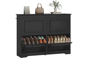 Brinlawb Meuble à Chaussures Entree, Armoire à Chaussures avec 4 Portes abattantes, Séparateur Réglable, Peut contenir 18 à 24 Paires de Chaussures pour entrée, Couloir, séjour, Chambre, Noir