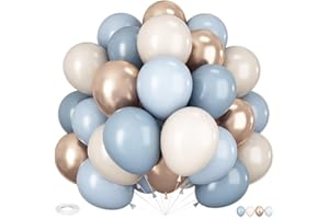 HILAVO Dusty Blue and Gold Balloons, 60 PCS 12 Inch Slate Fog Pastel Baby Blue Sand White and Gold Balloons for Baby Boy Shower Bridal Shower Birthday Wedding Party Decorations