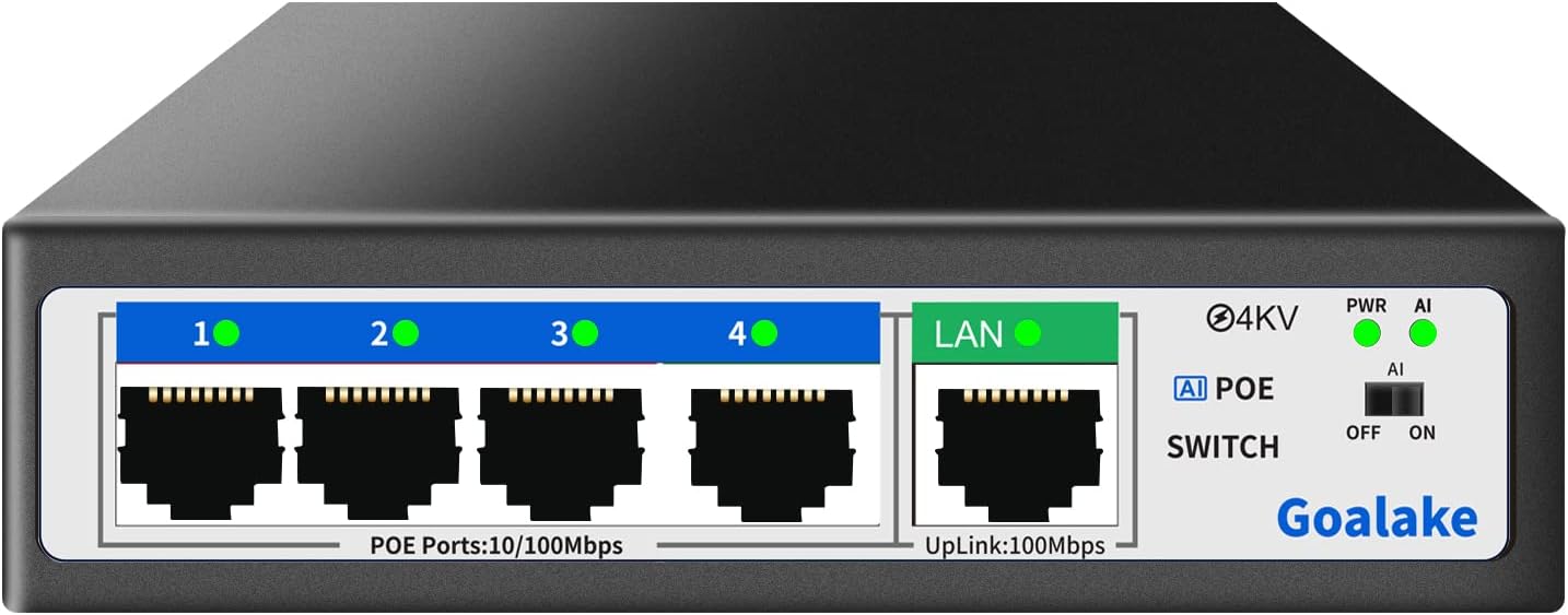 Goalake PoE+ Switch 5 Port 100Mbps(4 PoE Ports +1 Uplink), 802.3af/at, 52W for all PoE Ports, AI Extended to 250m, Ideal for IP Surveillance and Access Point, Desktop/Wall Mount(Unmanaged)