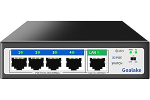 Goalake Unmanaged PoE+ Switch 5 Port (4×PoE+ 802.3af/at, 1×Uplink) – 52W Gesamtleistung, 100Mbps, AI Extended 250m – Ideal für IP-Kamera, Access Point – Desktop/Wandmontage Plug & Play