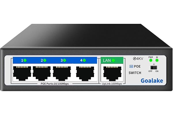 Goalake Switch PoE 5 Ports 100Mbps, 4 Ports PoE+, 52W pour Tous Les Ports PoE, IEEE 802.3af/at, Plug et Play, AI étendue à 250m, idéal pour Les Projets de Surveillance IP, Position Bureau/Mur