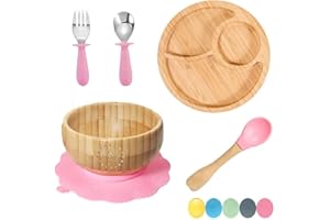77Star 77 Star Bamboo Baby Weaning Set, Baby Suction Bowl, Suction Plate Baby, Spoon & Fork, Strong Detachable Suction Base Baby Feeding Set, Non-Slip Bamboo Bowl & Baby Plates with Suction (Pink 1)