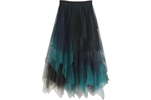 BEICHWTD Faltenrock Tüllrock, Asymmetrisch Röcke Damen, Pfau Kostüm, Tüllrock Kurzer Skater Röcke, Midirock Sommerrock, Schwarz Blau Grün Rock Tüll Unterrock, Faschingskostüme, Karneval Halloween Party