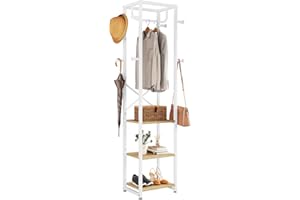 IBUYKE Perchero independiente con 3 estantes y 8 ganchos, perchero industrial para entrada, pasillo, dormitorio, 180 x 40 x 30 cm, color natural y blanco TMJ088R