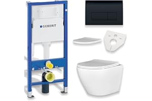 BADLAND WC Set – Geberit Duofix Basic UP100 Vorwandelement + Wand-WC Desna in Weiß + Betätigungsplatte Delta50 Schwarz + Slim WC-Sitz mit Soft-Close + Schallschutzmatte