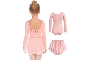 Arshiner Vêtements de Ballet pour Filles en Coton Dos Nu, Robe de Danse, Justaucorps de Danse à Manches Longues avec Jupe irrégulière en Mousseline de Soie, Justaucorps de Danse Tutu 2-10 Ans