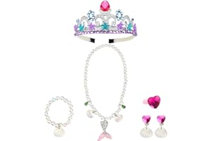 Falafoty Kids Jewelry, Children's Necklace Bracelet Ring Ear Clip Dress Up Set, Birthday Jewelry Party Favors Gift Set for Little Girls Baby Cosplay Dress up Pretend Play, Mermaid Themed Party