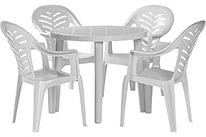 Resol Tossa 4 Seater Garden Dining Set - White - Heavy Duty Polypropylene Plastic Round Garden Table & 4 Stackable Chairs for Patio, Garden, Outdoor, BBQ