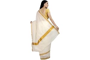 Stylesindia Kerala Kasavu Solid Plain Golden Zari Border Sari mit Blusenstück | Kuthampully Kerala Kasavu Sari Off-White, Elfenbein, 20Plus