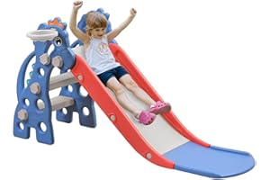 TRMLBE Scivolo per Bambini 135 x 53 x 67 cm Pieghevole per Interni con Canestro da Basket Stabile con Scivolo Extra Lungo per Giochi all'Aperto e al Coperto (3 in 1)