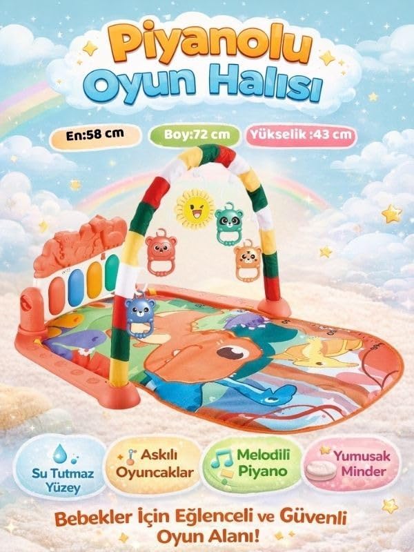 BabyLondy Dinozorlu Güneşli Piyanolu Bebek Oyun Halısı, Eğitici Oyuncak, Pembe