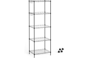 Mondeer Regał metalowy, 5-poziomowy, kuchenny regał do przechowywania z 4 kółkami i 8 haczykami, regulacja wysokości z przegrodami PP, do łazienki, salonu, na balkon, czarny