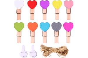 EBHO 10 Pièces Coeurs Colorés Mini Pince a Linge Bois, Accroche Photo, avec 1.4M Corde de Jute et Crochet Non marquant, DIY Mini Epingle en Bois Photo