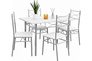 CASARIA® 5 Piece Dining Table and Chairs Set 4 | Dining Table & Dining Chairs Set of 4 | Home and Kitchen | Modern Table and Chairs | Dining Chairs Dining Table Dining Kitchen Set | White & Silver
