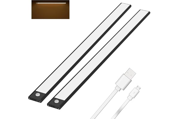 Klighten 2 Pcs 60cm Lampe de Placard Sans Fil, Lampe Cuisine sous Meuble avec Detecteur Mouvement, 3 Modes, Reglette LED Magnétique Rechargeable USB, 3200mAh, 113 LEDs, Blanc chaud 3000K, Noir