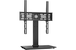 FITUEYES Uniwersalny stojak na telewizor do telewizorów 27 do 55 cali, czarny stojak na telewizor z podstawą ze szkła hartowanego 8 mm, regulacja wysokości, wytrzymuje 40 kg, łatwy montaż