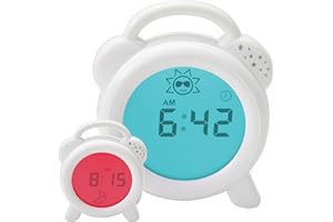 PurFlo NEW Snoozee Sleep Trainer Clock – Red and Blue Light Sleep Aid for Toddlers – Rechargeable Night Light with Alarm, Child-Friendly Icons, 12-Hour Display, Adjustable Brightness Levels