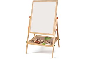 SASONS Double Sided Wooden Art Easel, Quality Kids Drawing Writing Board Height Adjustable Standing with Magnetic Letters & Numbers, Chalks, Marker, Dry Eraser Fun Play Learning Activity (100cm)
