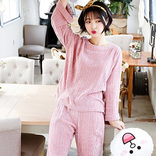 CUI Autumn and Winter Long-Sleeved Pants Anti-Pajamas Simple Ladies Solid Color Thick Thin Home Service Suits,Pink,All code