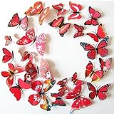 12pcs Art Decal Home Room Wall PVC Stickers 3D Butterfly Sticker Decorations (Red)